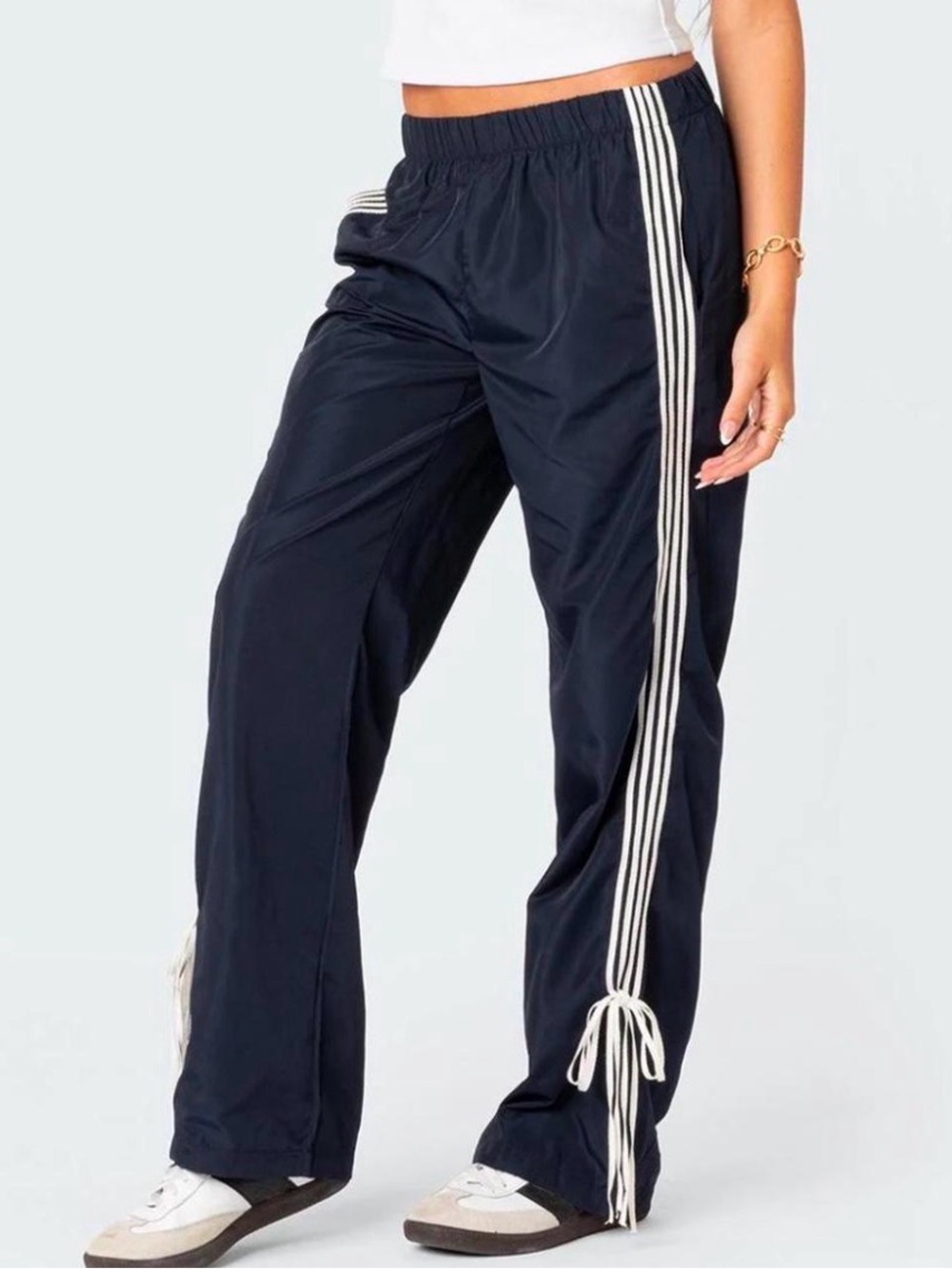 EDIKTED Navy Track Pants with Side Stripes